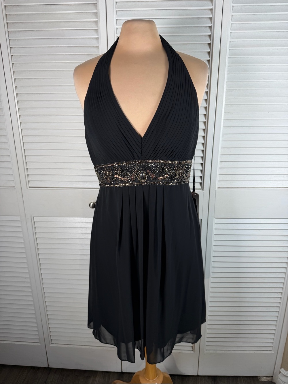Sue Wong Studio NWT Black Beaded Halter Midi Cocktail Dress Size 12